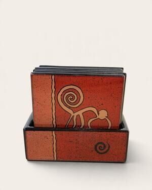 VTG Hand Made In Peru Nazca Lines Monkey Pottery Coasters Set With Holder Red